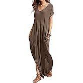 Match Women's V-Neck Casual Loose Short Sleeve Long T-Shirt Dress Split Maxi Dress with Side Pocket
