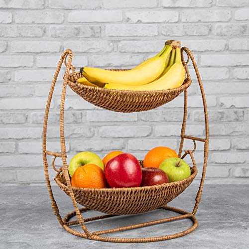 Two Tier Fruit Basket Stand Wicker Fruit Bowl for Kitchen Counter