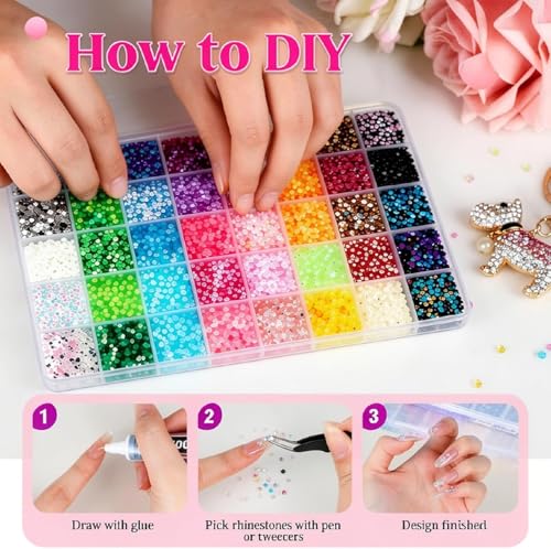 32000 Pcs Flatback Resin Rhinestone Kit, 40 Colours, 3mm, with 3 Jewellery Glue and Tools, for Nail Art, Crafts and DIY