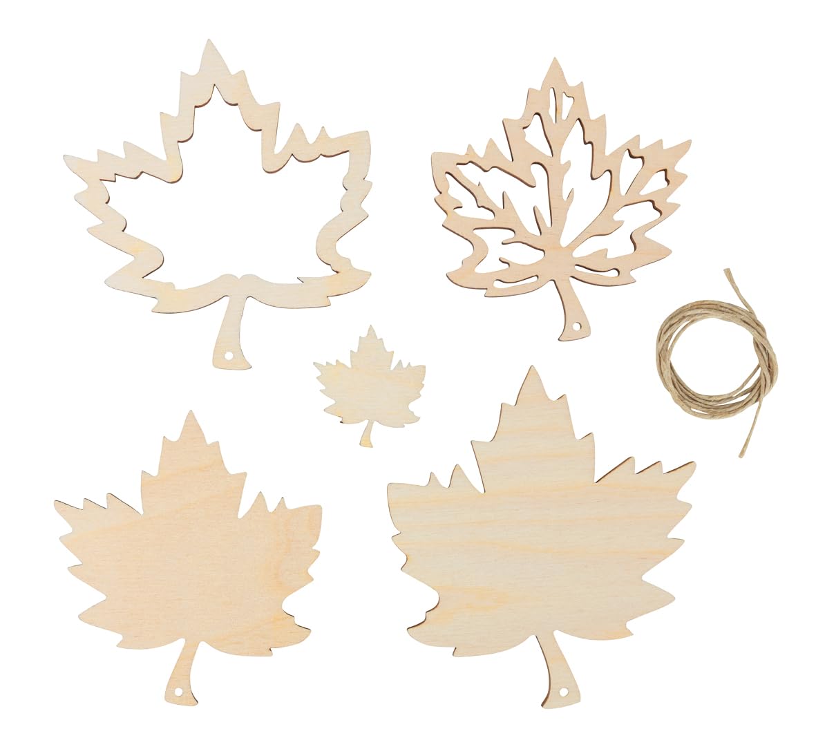 Rayher Set of 5 Wood Leaf Shapes for Crafting and Home Décor, Natural Wood Leaves, Wooden Leaf Ornaments with Cord, natural wood, 3.8+8.8+10.4cm, 46704505
