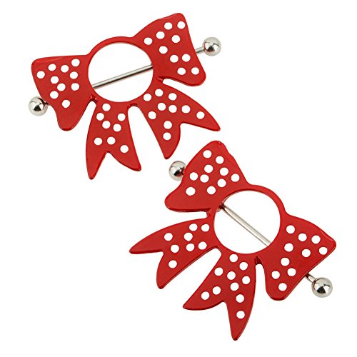 Jewelry Kit Lot Set of 2pcs 316L Surgical Steel 14 Gauge Nipple Piercings Barbells Shields Rings Nipplerings With Red Bowties Decorations