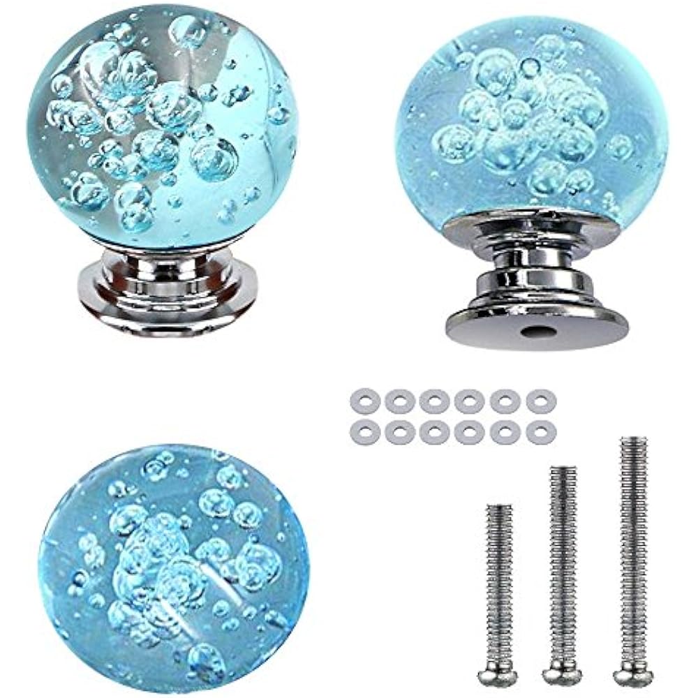 TLBTEK 10 Crystal Drawer Knobs, X 30mm Aqua Blue Bubble Glass Kitchen