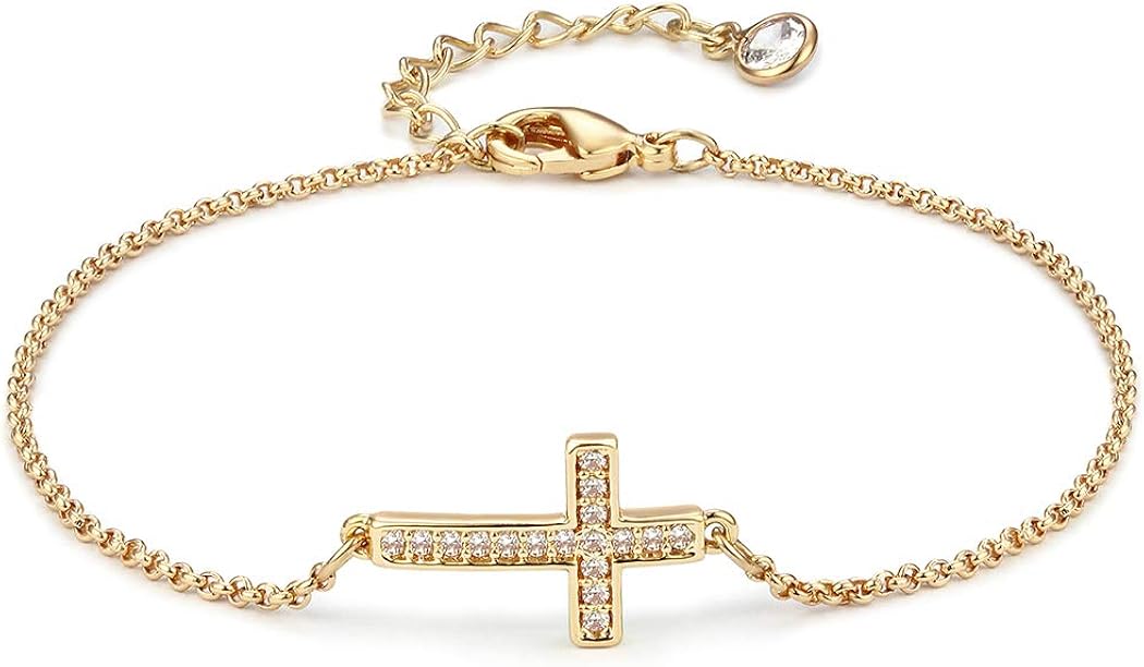 Gold Cross Bracelet,Sideways Gold Cross Everyday Bracelet Religious
