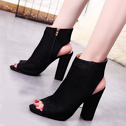 Kauneus Women's Zip up Cutout Chunky Stacked Heels Ankle Booties Fisherman Sandals Black - Thumbnail 2