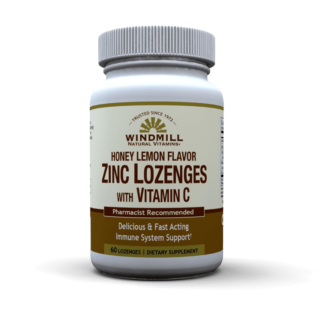 Windmill Health Products Natural Vitamins Zinc Lozenges with Vitamin C Honey Lemon Flavor, Immune System Support, Provides Antioxidant Support, Delicious & Fast Acting, 60 Lozenges, 60 Servings.
