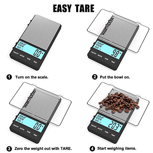 Some of the more advanced scales also come with additional features such as tare weight, which allows you to zero out the weight of a container or filter before adding the coffee beans, and auto-off to save battery life.