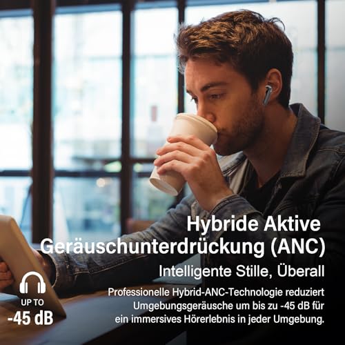 Bluetooth Kopfhörer mit Hybride Aktive Geräuschunterdrückung, In Ear Kopfhörer Kabellos Bluetooth 5.4, 6Mic, 49Std. Wiedergabe, kraftvoller Bass, 8 EQ-Modi, APP-Steuerung, kabelloses Laden, Multipoint