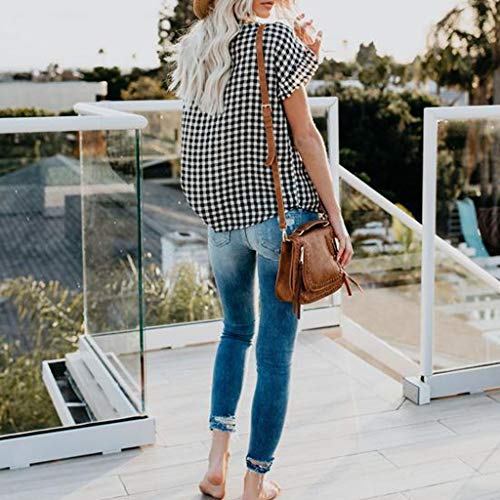 Toponly Plaid T-Shirt For Womens Casual Short Sleeves Button Pullover Tops Tee Summer Fashion