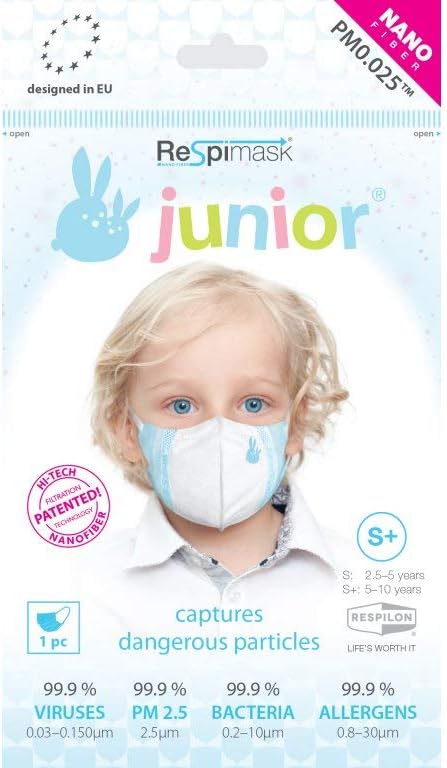 ReSpimask Kids mask S+ size, 6-10 years, Antiviral face mask - bacteria, virus, dust, smog, allergy 99.9% protection (10 pcs)