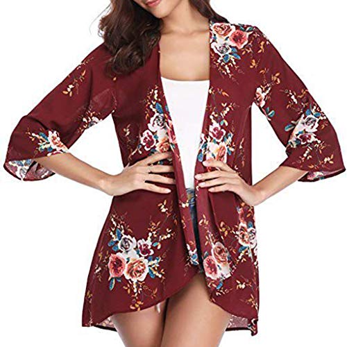 Farmerl Women Beach Shawl Leaves Print Chiffon Kimono Blouse Loose Top Outwear Red