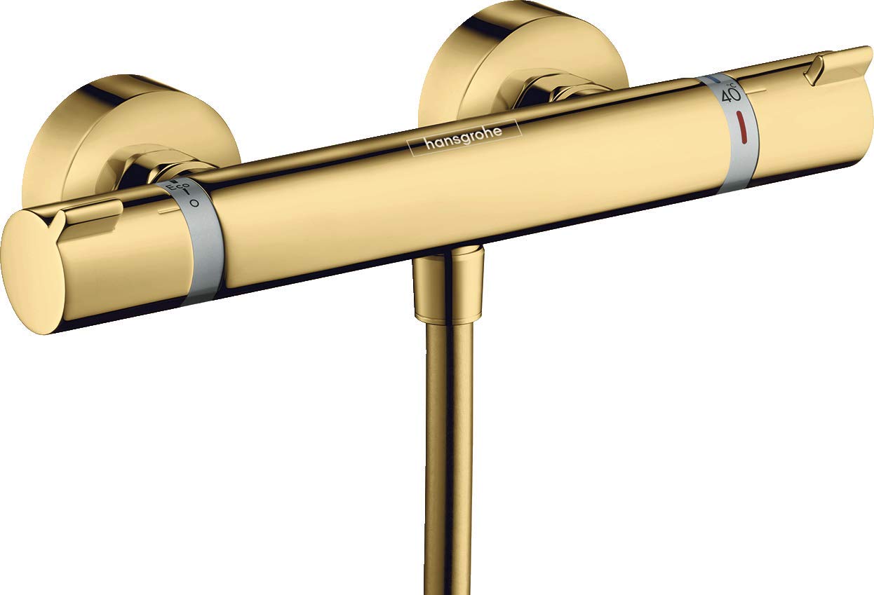 hansgrohe Ecostat Comfort - shower thermostat exposed, thermostatic shower mixer with safety stop at 40 °C, mixer tap for showers, 1 function, polished gold optic, 13116990