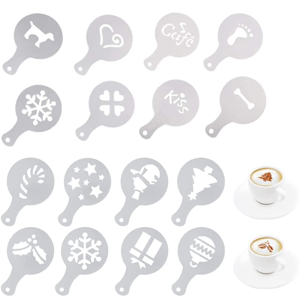 Cappuccino Coffee Stencils Template Christmas Style Coffee Printing Template Barista Templates Molds DIY Cappuccino Hot Chocolate Coffee Stencils Cake Decorating Tools (16 pcs)