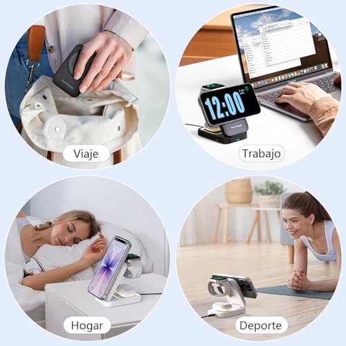 Cargador Inalámbrico,3 en 1 Estación de Carga para iPhone 17 16 15 14 13 12 Pro Max Apple Watch y AirPods,15W Cargador Rápido para iPhone,Luz,33W Adaptador,Regalos para Hombre Mujer (Negro-1)