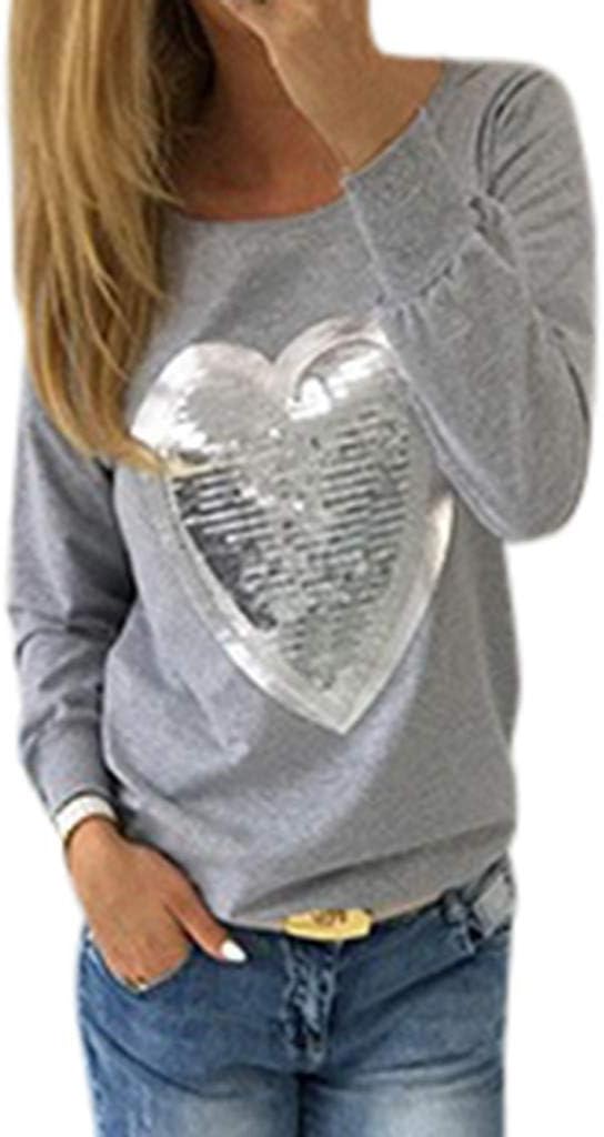 Youthful Women's Long Sleeve T-Shirt Round Heart Shaped Pattern Fluorescent Series Sequined Shirt Sweatshirt Top