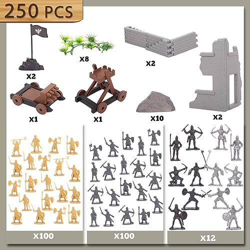 LovesTown 250PCS Medieval Knight Toys, Ancient Toy Soldiers Knight Action Figures Ancient Warrior Figurines with Storage Bag for Boys Birthday