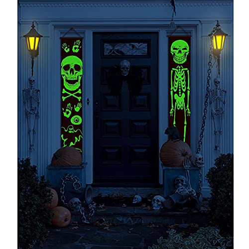 2021 Luminous Halloween Porch Sign for Frontdoor Window Deocration Thrilling Banner with Glowing Green Skeleton at Night Add Terrorist Atmosphere Party Yard Sign 11.8X70.8 Inch