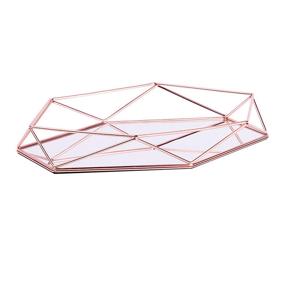 FABSELLER Metal Mirrored Ornate Decorative Tray Three-Dimensional Storage Tray Hexagonal Desktop Cosmetic Jewelry Box Organizer (Rose Gold)