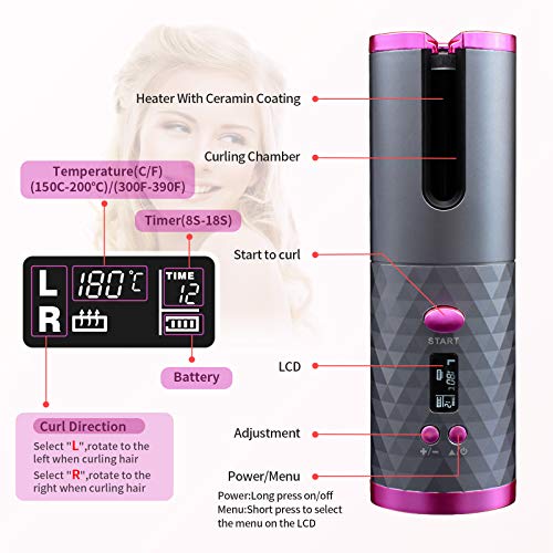 SULELA Cordless Hair Curler, Automatic Curling Iron with 6 Temperature Auto Rotating Ceramic Barrel Hair Curler Fast Heating, Portable USB Rechargeable Beach Waves Curling Iron Wand No Skills Required