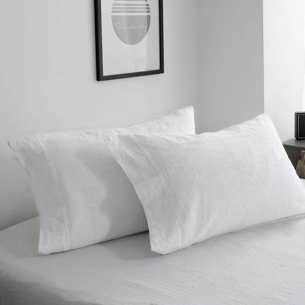 Photo 1 of Simple&Opulence 100% French Linen Pillowcase Queen Size-Set of 2- Washed Solid Color Pillow Cases Embroidered -Soft and Durable (White, 20''x30'')