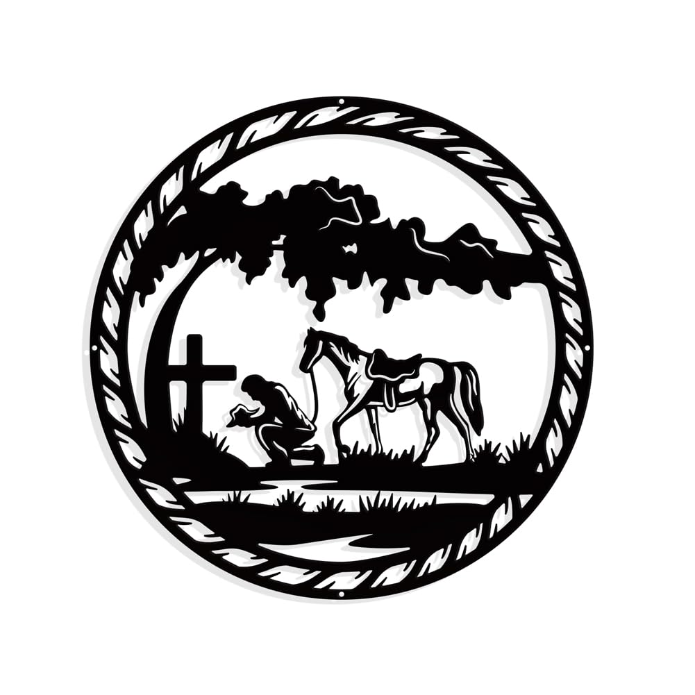 NBEADS Praying Cowboy Metal Wall Art Decor, Round Matte Black Wall Hanging Decor Silhouette Wall Art for Home Bedroom Living Room Bathroom Kitchen Office Hotel Wall Decoration, 29.2cm