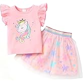 Girls Tulle Skirt Set Two Piece Ruffle Sleeve Unicorn T-Shirt Tutu Dress Summer Birthday Party Outfit 2-10 Years
