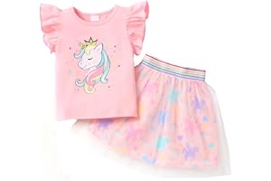 RETSUGO Girls Tulle Skirt Set Two Piece Ruffle Sleeve Unicorn T-Shirt Tutu Dress Summer Birthday Party Outfit 2-10 Years