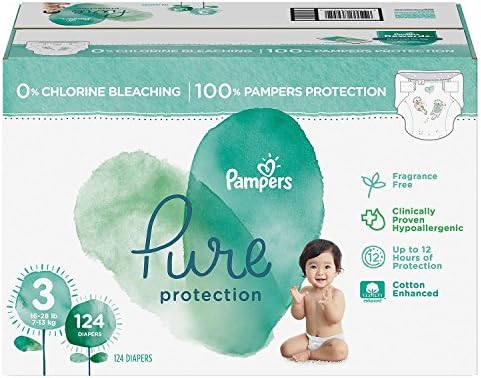 [100% Clinically proven hypoallergenic] 'Pampers' Pure Protection Diapers, Premium cotton, Soft, Size 3, Count 124 ct [Free of chlorine bleach, fragrance, lotion, parabens, and EU 26 allergens]