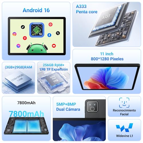 TT.KIDS Tablet Android 16, Tableta de 11 Pulgadas, 32GB RAM+256GB ROM (TF 1TB), 7800mAh, 5 Núcleos, 1280 * 800 Pantalla HD, WiFi 6, Widevine L1, Bluetooth 5.4, 5MP+8MP, Face ID, GPS Tableta Pad