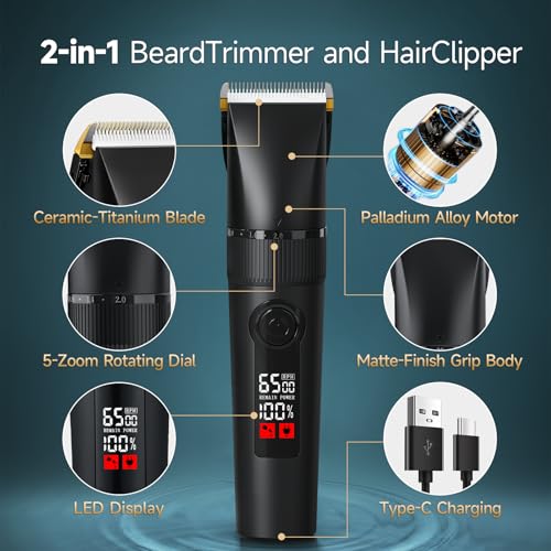 2-in-1 Beard Trimmer and Hair Clipper for Men,Detachable Ceramic-Titanium Blade Shaver with 9 Length Settings and Non-Slip Matte Grip