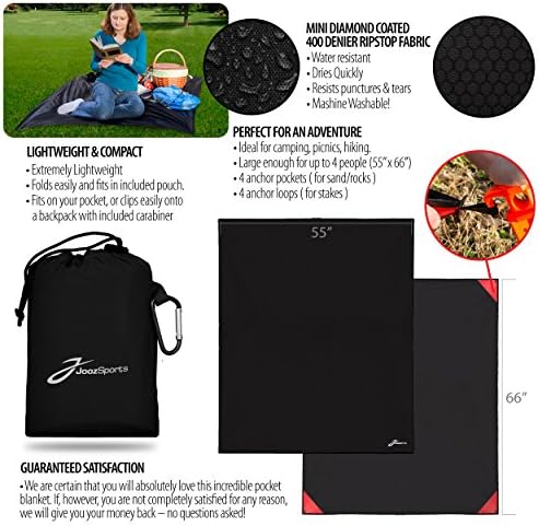 Joozsports Beach Picnic Outdoor Blanket Sand Proof, Waterproof Camping Mat, 55"x66" Pocket Blanket for Travel, Hiking and Festival | with Bag and Carabiner