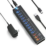 Usb Hub Powered - Multi Port USB Hub with 10 USB 3.0 Ports, 3 Charging Ports, Cords C and A, Power Adapter - Black - by Latorice