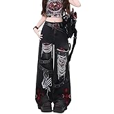 Xojbzoo Y2K Retro Distressed Black Distressed Washed Denim Pants for Women high Waisted Loose Wide Leg Pants