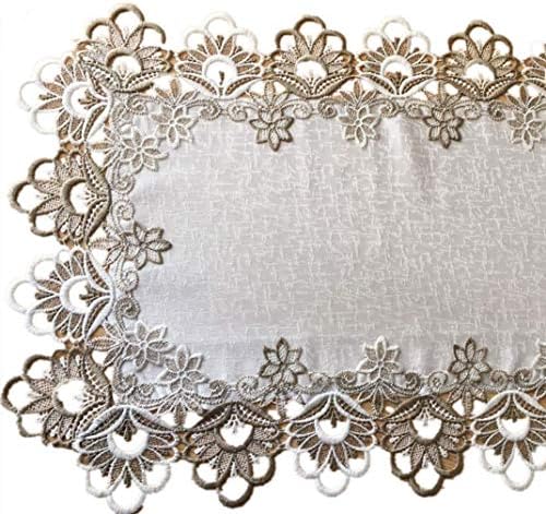 Elegent White and Brown Lace Doily Placemats, White and Brown Lace Border double color lace for Wedding Party Home Dinner Room Table Top Decoration 16 x 35'' (16 x 35'')
