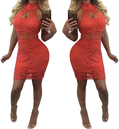 Pluszone Women's Casual Summer Sexy Lace Off Shoulder Halter Neck Above Knee Bodycon Party Dress