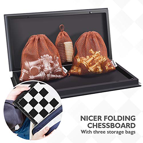 Peradix Chess Checkers Set 2 in 1, Magnetic Chess Pieces with 3 Storage Bags, Portable Travel Folding Board Game, 14.02" Big Size, Educational Learning Toys for Kids Adults, Birthday