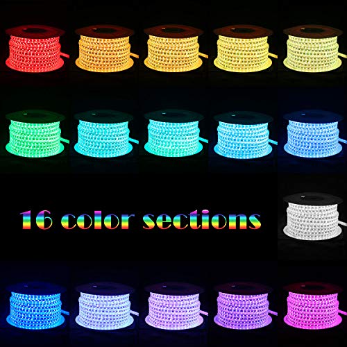 Brillihood Flexible LED RGB Rope Light Strip, Multi Color Changing SMD 5050 LEDs, 110-120V AC, Dimmable, Waterproof, Indoor/Outdoor Rope Lighting + Remote Controller - (50m/164ft)