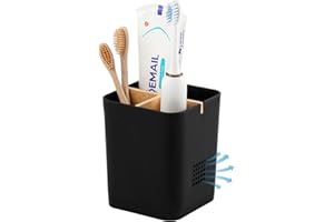 HEAGOALE Electric Toothbrush Holder 3 Slots Tooth Brushing Holder with Bamboo Dividers for Bathrooms, Plastic Toothbrush and Toothpaste Organizer for Shower, Countertop, Vanity, Black