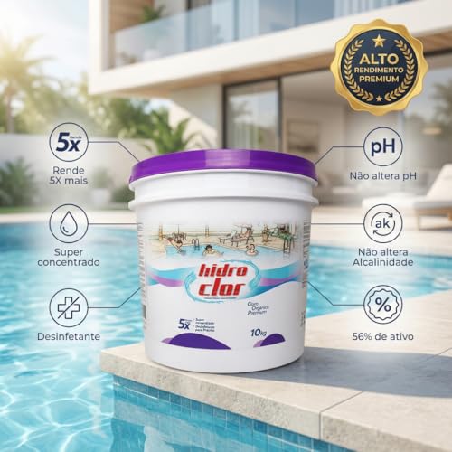 CLORO ORGÂNICO PREMIUM 56% HIDROCLOR 10Kg para Piscina, Desinfetante Concentrado, Estabilizado, 56% Teor Ativo de Cloro