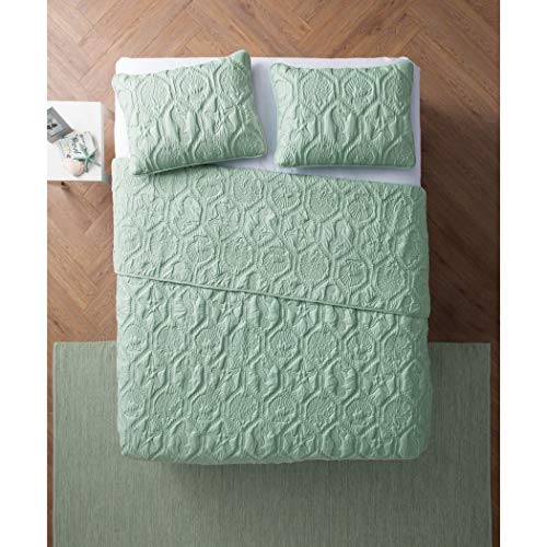 3 Piece Seafoam Green Embossed Seashell Theme Quilt Queen Set, Beautiful Classic Coastal