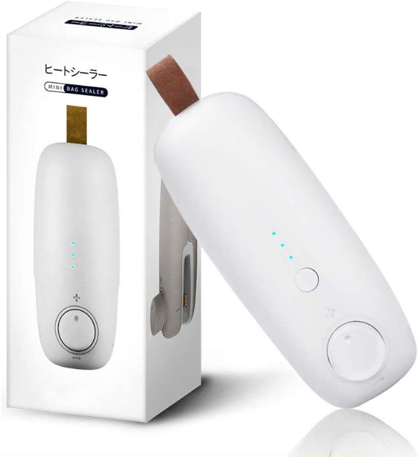 Mini Bag Heat Sealer 2 in 1 Portable Handheld Rechargeable Kitchen Vacuum Sealers Machine for Chip Bags, Plastic Food Storage Bags, Snack & Cereal Bags (White, 1300mAh)