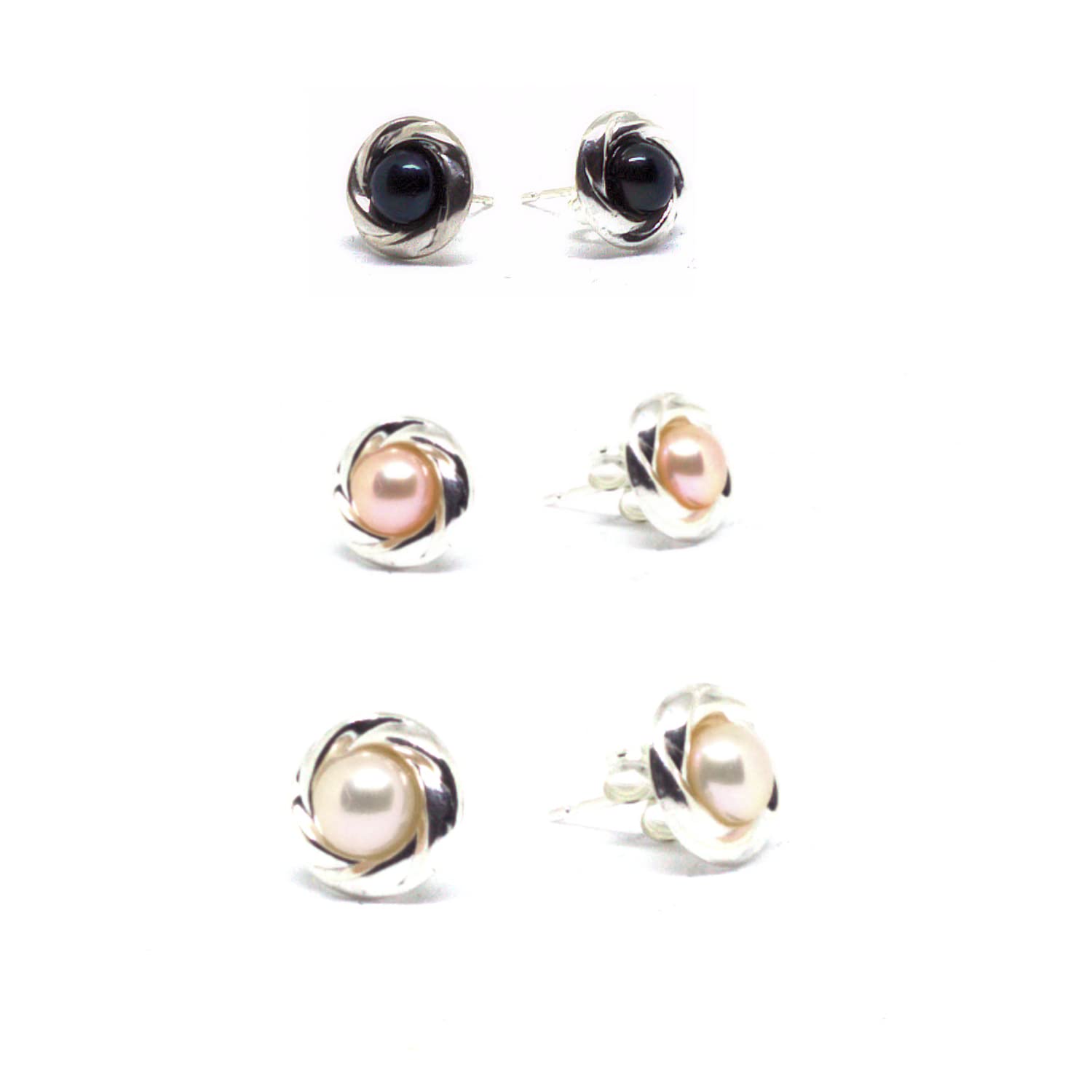 Sterling Silver Set of Three 5-6mm Freshwater Cultured Pearl Stud Earrings in Black, Pink and White Anderson and Webb