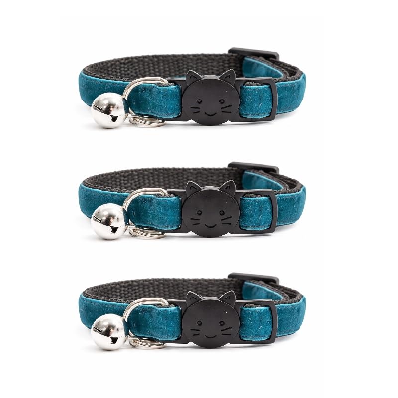 Velvet Cat Collars with Bell. Safe Breakaway Quick Release Buckle. Available in Cat & Kitten Size (Pack of 3) (Cat Collar (20cm - 30cm), Emerald Green Velvet (Pack of 3))