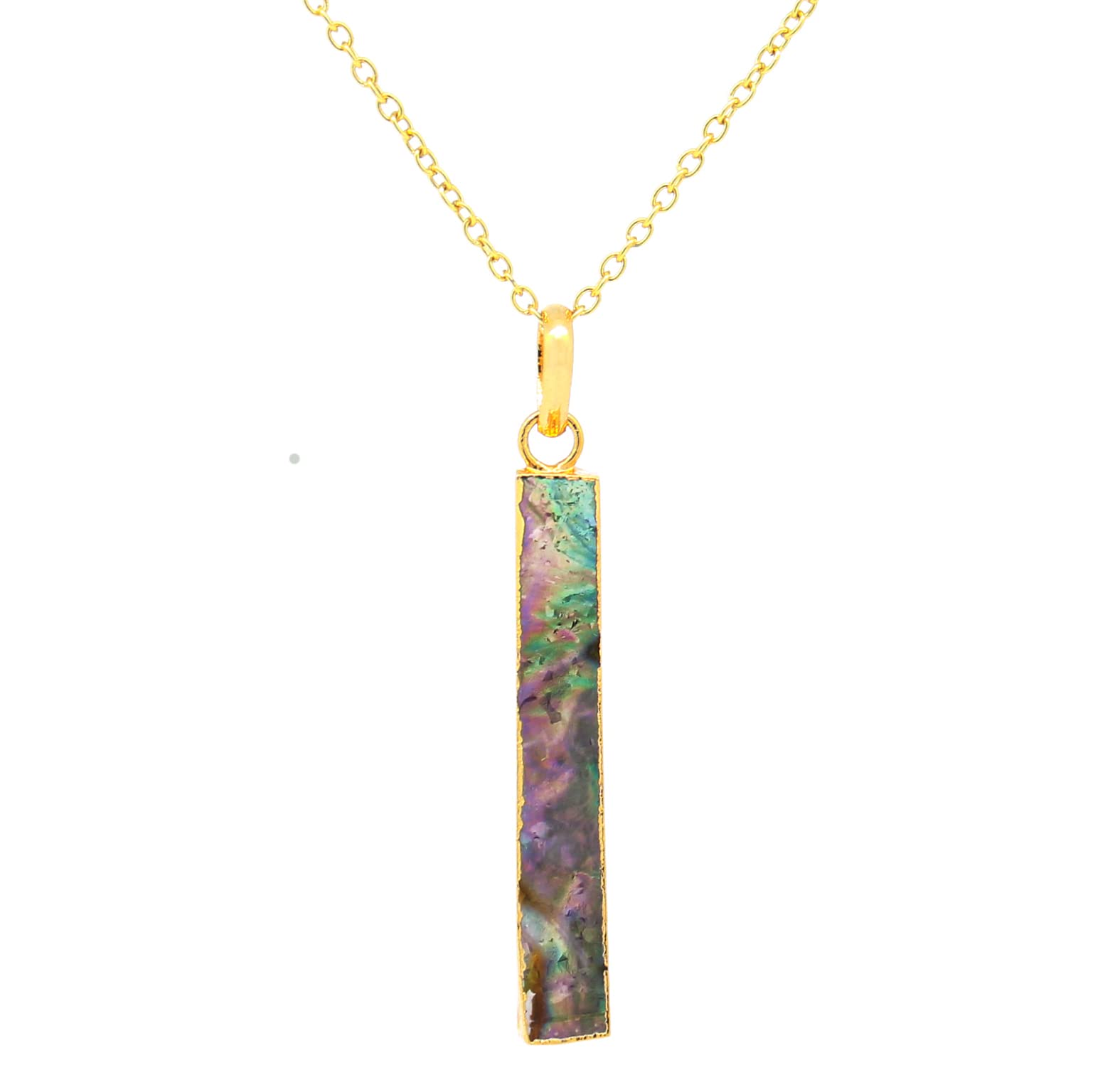 Gempires Natural Abalone Shell Pendant Necklace, 6 x 40mm Long Bar Pendant For Women,16 + 2 Inch Gold Plated Adjustable Chain