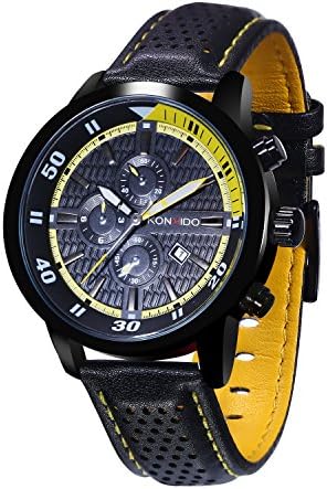 KOSSFER Pro Diver Analog Display Swiss Quartz Black Watch Men's Quartz Watch with Leather Band Unique Business Dress Analog Watches Large Casual Luminous Hands Waterproof Wrist Watch Yellow