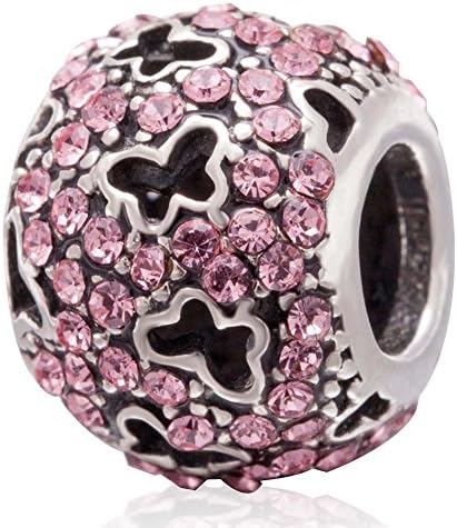 Hollow Charm 925 Sterling Silver Butterfly Charm Crystal Charm Love Charm for DIY Charms Bracelet (Pink)