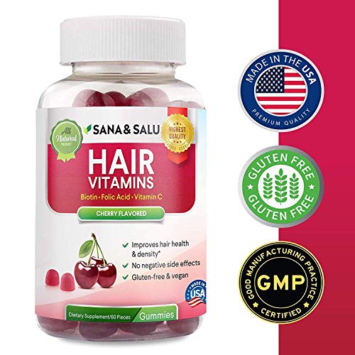 Hair Growth Vitamins Gummies with Biotin, Vegan, Gluten-Free, Stronger, Healthier, Thicker Hair Regrowth by Sana & Salu (60 pcs)