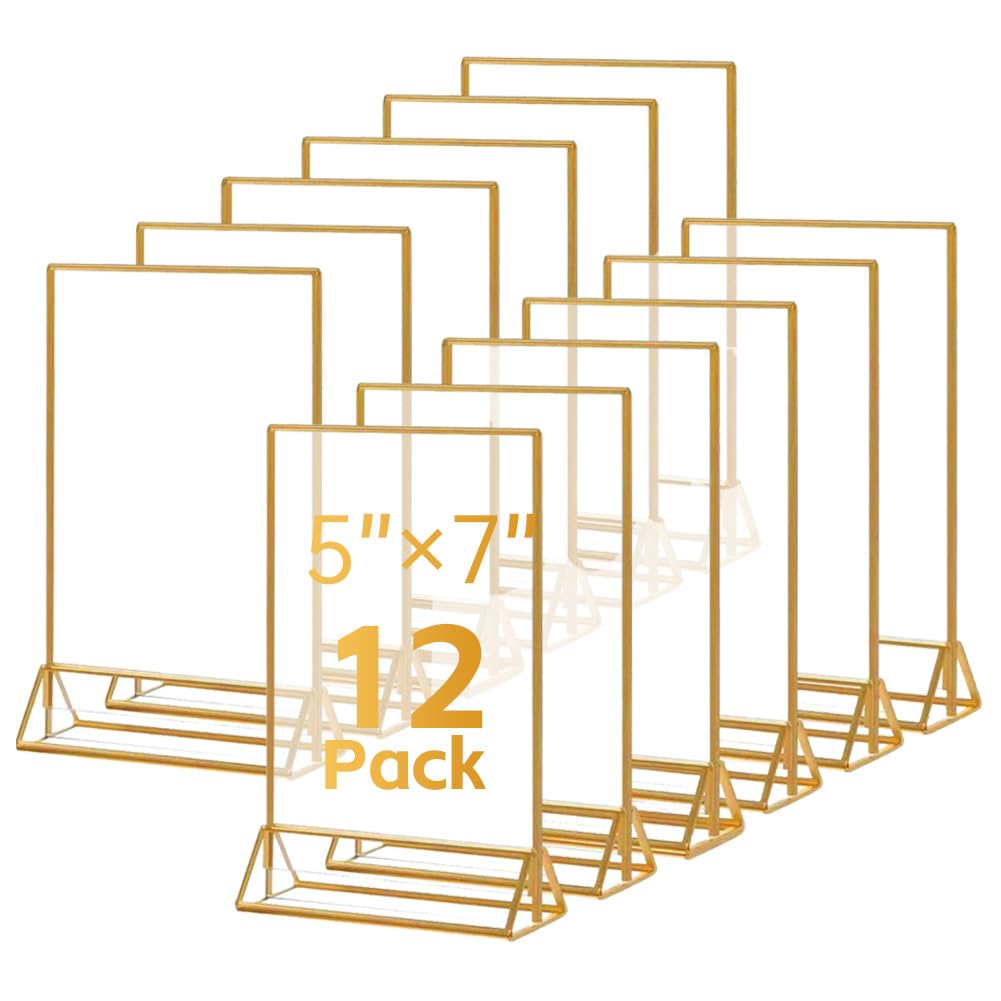 Photo 1 of 12PCS Acrylic Gold Sign Holders, 5" x 7" Wedding Table Sign Double Sided Holder, Acrylic Gold Frame Sign Holders Display Stand for Wedding Table Numbers, Restaurant Sign, Menu, Photo