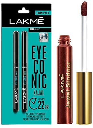 Lakme Eyeconic Kajal Twin Pack, Black, 0.35g with 0.35g & Lakme Jewel Sindoor, Maroon, 4.5ml