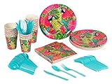 Disposable Dinnerware Set - Serves 24 - Tropical Party Supplies for Birthdays, Parrot Designs - Includes Plastic Knives, Spoons, Forks, Paper Plates, Napkins, Cups