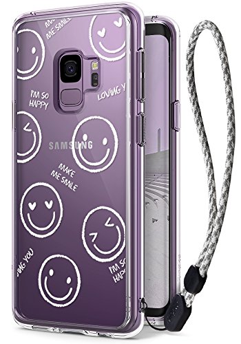 Samsung Galaxy S9 Cute Case, Ringke Fusion [DECO Happy Smile Decal+Case with Wrist Strap] Transparent PC Back Cover [Drop Defense] Kawaii Pattern Design Interchangeable Insert Film Sheet Set Combo